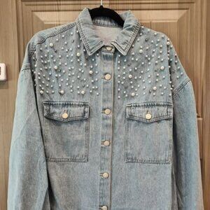 Womens Boutique blue jean distressed jacket with pearls and rhinestones